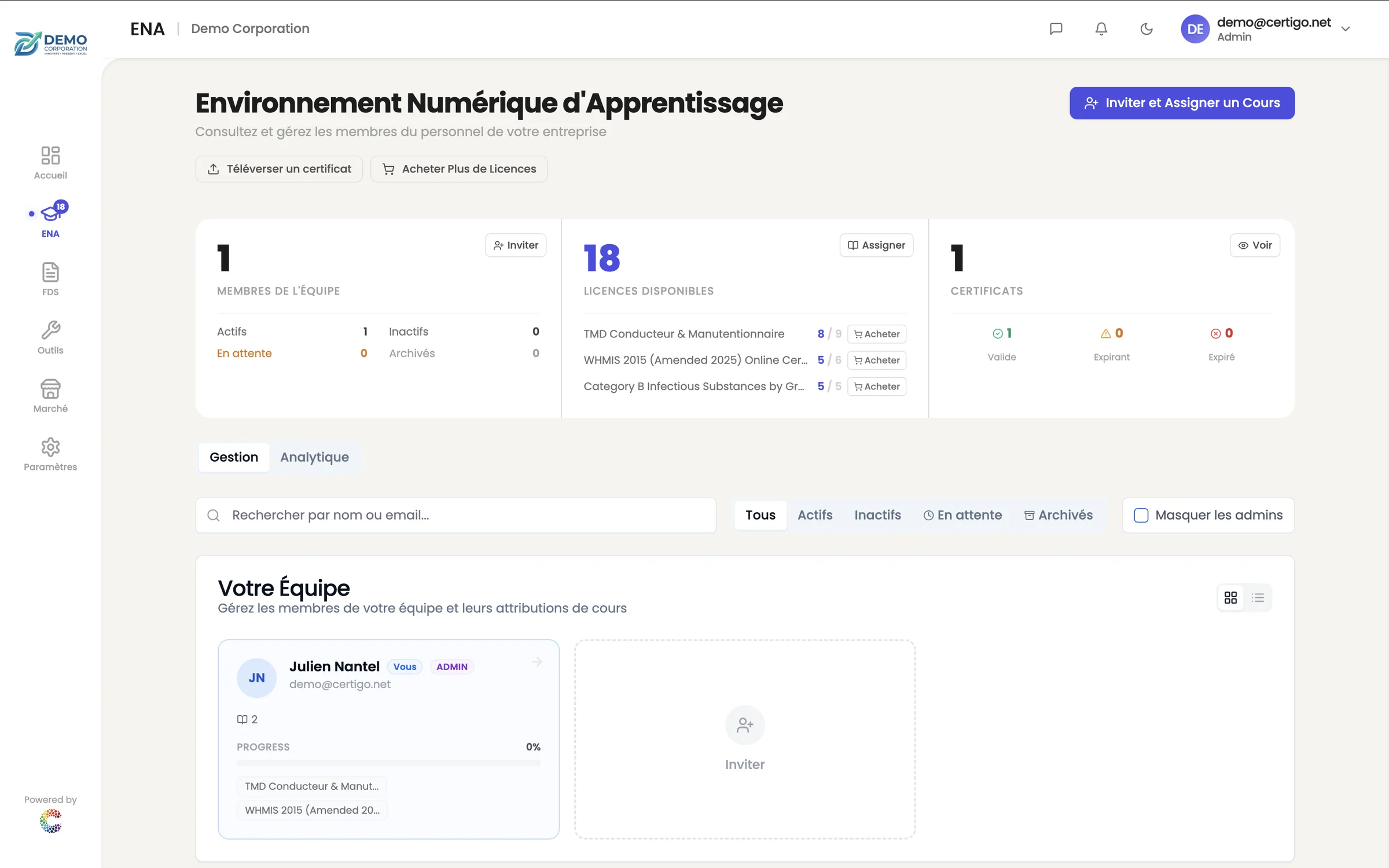 Certigo LMS admin dashboard on desktop
