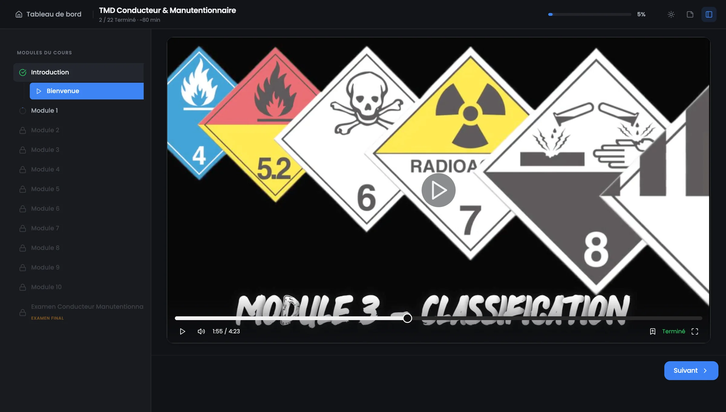 Lecteur de cours de l'ENA Certigo avec navigation par modules sur ordinateur