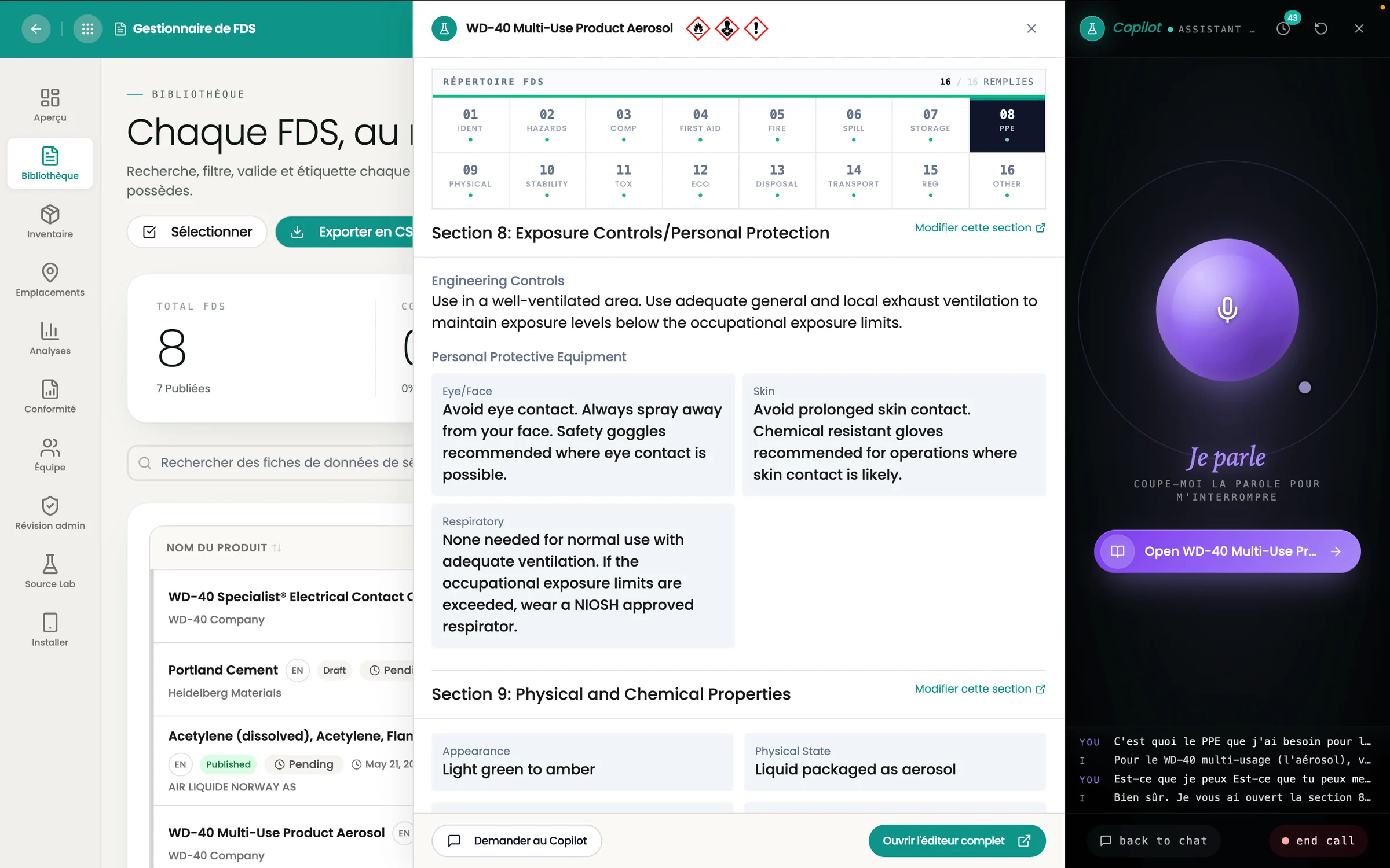 Certigo SDS Manager dashboard with an SDS document and the voice Copilot