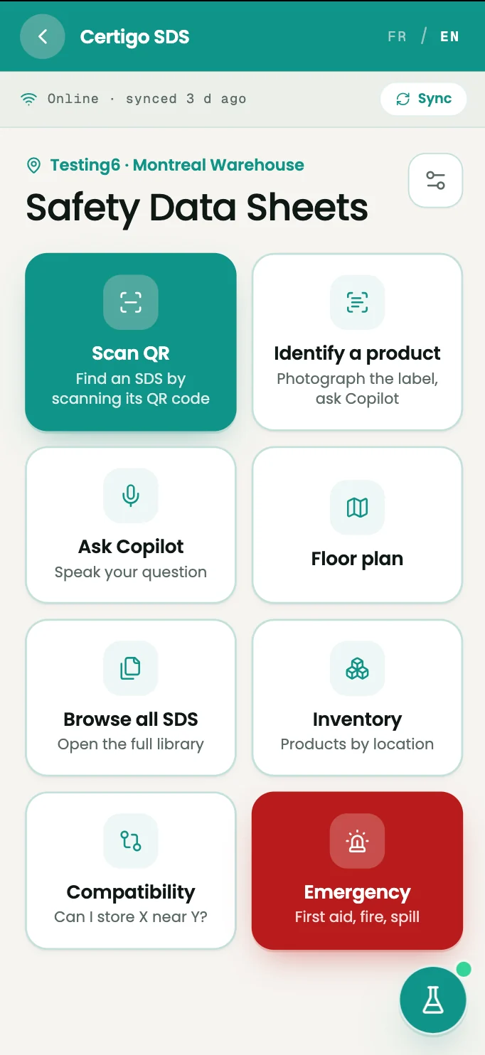 Certigo SDS Manager mobile app with QR scan, Normi, and emergency access
